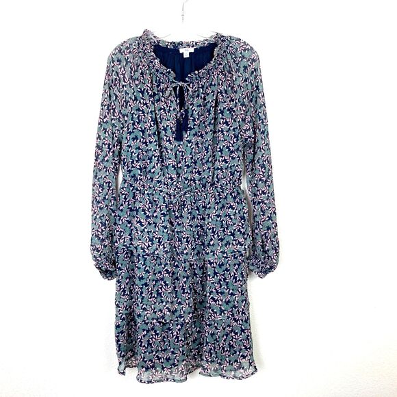 Dip Tiered Midi Dress Size M Green & Blue Floral Tasseled Long Sheer Sleeves - Picture 1 of 9
